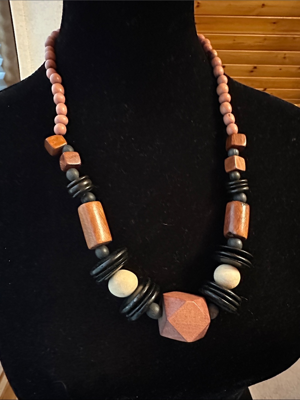 Handcrafted Pink and Wood Bead Statement Necklace